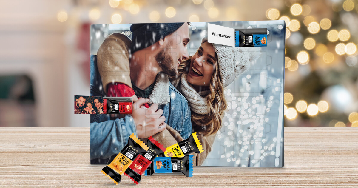 Personalisierte Foto-Adventskalender mit Lindt HELLO Schokolade in 4 Sorten und eigenem Foto selbst gestalten